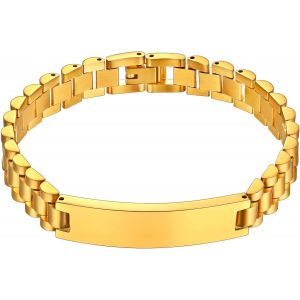 Eryi-Bracelet Personnalisable Homme,Gourmette Prénom Personnalisé Couple Amoureux Poli Id Gourmette Lien Poignet Curb Chaîne De Main 7mm/10mm/15mm 18-22cm De Longe Acier/Or/Noir (Boîte Cadeau) - Neuf