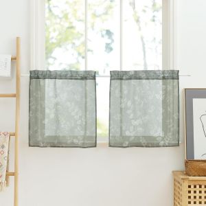 Eryi-Rideau Voilage Passe Tringle - Rideaux Vert Avec Motifs Floraux Blanc Pour Interieurs Decoration Printemps Cuisine Chambre Petite Fenetre, Lot De 2, L60 X H60cm - Neuf