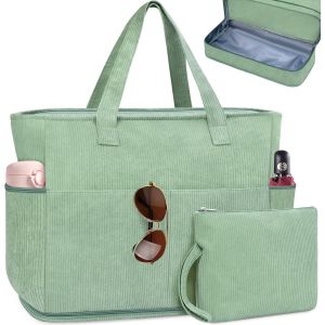TZF-Grand Sac à Main Femme en Velours Côtelé - Cabas Tote Bag XXL de Voyage et Plage avec Bandoulière, Fermeture Éclair et Multi Poches pour Travail, Voyages, Shopping - Neuf