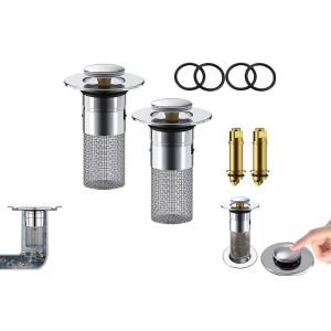 Lot De 2 Bouchons De Vidange Escamotables Pour Lavabo Avec Cr&eacute;pine Et Noyau En Laiton - Neuf