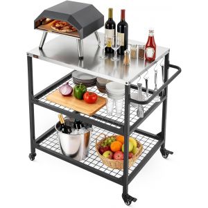 Ulteronixshop-Desserte de Jardin pour Plancha, Chariot de Barbecue avec Plan de Travail 80x61 cm en INOX, pour Pr&eacute;paration de Cuisine BBQ Ext&eacute;rieur, avec 4 Roues, Poign&eacute;e Lat&eacute;rale et Deux &Eacute;tag&egrave;res en - Neuf