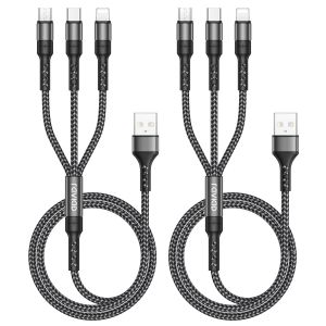 Thef-Câble Multi Usb, 3 En 1 Câble Universel [2m, Lot De 2] Multi Usb Câble De Chargement En Nylon Avec Micro Usb Type C Lightning Câble Pour Iphone, Galaxy S23, Huawei, Honor - Neuf