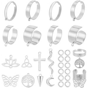Kal-1 Boîte 8 Ensembles 36 Pièces Bague En Acier Inoxydable Avec Breloque Bagues Réglables 18mm Argent Lune Papillon Arbre De Vie Bague Pendante Pour La Fabrication De Bijoux Bagues Bricolage Ac - Neuf