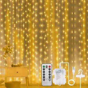 KALANKA-Guirlande Lumineuse Rideau 3m*3m, 300 LED Rideau Lumineux, USB+Aliment&eacute; Batterie, avec Minuterie, 8 Modes d'Eclairage Etanche IP65, decoration pour No&euml;l, Mariage, Anniversaire - Blanc chaud - Neuf