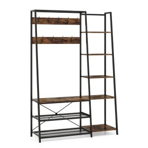 Porte-manteau avec banc et &eacute;tag&egrave;res 118 x 40 x 180 cm s&eacute;curit&eacute; optimale et design industriel en m&eacute;tal brun rustique Helloshop26 20_0017618 - Neuf