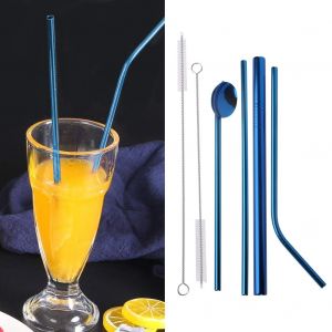 Hjlian Lot De 7 Pailles Reutilisables En Metal, Cuilleres, Pailles Droites Et Courbees, Brosse De Nettoyage Bleue - Neuf