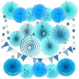 Décoration De Fête Bleue, 20 Pompons Multicolores En Papier, Éventail À Boules, Bannière Triangulaire, Guirlande D'anniversaire, Carnaval Mexicain - Neuf