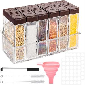 Sjzg-Pot &Agrave; &Eacute;pices En Plastique, Lot De 6 Bo&icirc;tes &Agrave; &Eacute;pices Transparent, Pots D'assaisonnement, Distributeur Pot Epices Avec Plateau, Couvercle Shaker, Entonnoir, Brosse, Pour Rangement De Condiments - Neuf