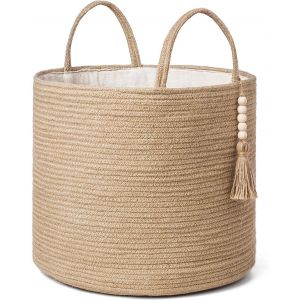 Grand panier à linge en osier tissé - Panier de rangement décoratif en corde naturelle - Décoration de perles en bois pour couvertures, jouets, vêtements, chaussures, plantes - Panier de - Neuf