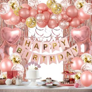1 Jeu de la Rose d'Or d'Anniversaire D&eacute;corations de F&ecirc;te, Joyeux Anniversaire Banni&egrave;re, Or Rose Frange Rideau, au Coeur, &Eacute;toile de Feuille de Confettis, Ballons - Neuf