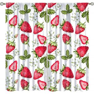 Rideaux Fraise Ete Fruit Rouge Fleur Feuille Verte Papillon Bleu Traitements Fenetre Chambre Enfants Garcons Filles Salon Salle Manger Cuisine 42" L X 44.5" H - Neuf