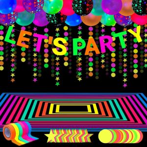 LETNERNY-Lot De 52 Décorations De Fête Néon ¿ Décorations Lumineuses, Ensemble De Décoration Réactive À La Lumière Noire Avec Bannière Fluorescente, Guirlandes De Lumière Noire, Ballons Phosphorescen - Neuf