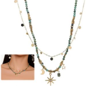 Kal-2 Pi&egrave;ces Collier &Agrave; Breloques Pour Femmes, Collier Boho, Double Couche Collier, Bijoux D'&eacute;t&eacute; Plage Surfeur Bijoux Collier Cadeaux, Or - Neuf