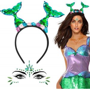Kit De Déguisement Costume De Sirène Carnaval Bandeau À Paillettes Serre-Tête Sirène Avec Palmes Étoile Et Tatouages Temporaires De Visage Strass Sirène Décoration Pour Carnaval Fête Du Thème Cosplay - Neuf