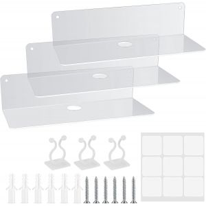3 Pièces Étagère Murale, Étagère Flottante Acrylique Mur Sans Perçage, Étagères Flottantes Transparentes Invisibles Pour Salle De Bains, Chambre, Cuisine, Bureau, Avec Clips De Câble - Transparente - Neuf