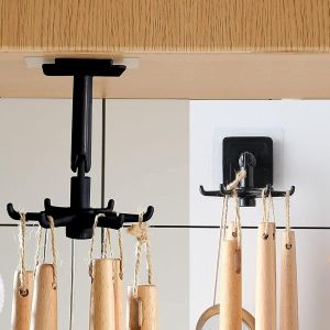 Porte-ustensiles de cuisine rotatif à 360°, 2 pièces, sans perçage, avec 6 crochets, accessoires de cuisine (noir) - Neuf