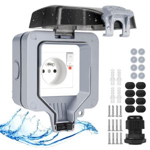 Profond Prise ext&eacute;rieure &eacute;tanche IP66 avec interrupteur t&eacute;moin lumineux r&eacute;sistant aux intemp&eacute;ries Prise ext&eacute;rieure Montage en saillie Prise murale de jardin avec couvercle rabattable verrouillable-1 - Neuf