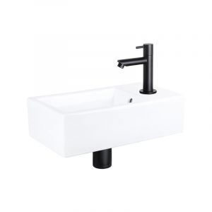 Differnz Force Kit Lave-mains - 40x22x11.5cm - Rectangulaire - 1 Trou De Robinet - Robinet Droit Noir Mat - C&eacute;ramique Blanche - Neuf