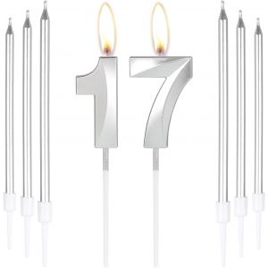 Lot De 6 Bougies D'anniversaire Argentées En Forme De Chiffre 17 Pour Gâteau Avec 6 Bougies Longues Et Fines,Décoration De Gâteau Pour Fille Et Garçon,17e Anniversaire De Mariage - Neuf