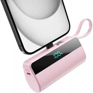 Mdy-Batterie Externe Pour Iphone, 5500mah Mini Power Bank Avec Câble Usb C Intégrés, 20w Pd Charge Rapide Chargeur Portable Écran Lcd Batterie Portable Compatible Avec Iphone 16/15/14/13/12/11-Rose C - Neuf