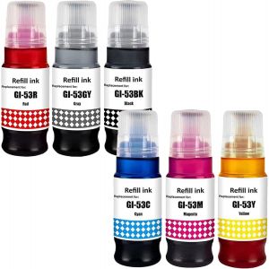 Bottled Ink GI-53 GI53 Compatible Bouteilles d'encre Remplacement pour Canon GI-53 GI53 Compatible pour Canon PIXMA G650 G550 (6 Pack,Noir/Cyan/Magenta/Jaune/Rouge/Gris) - Neuf