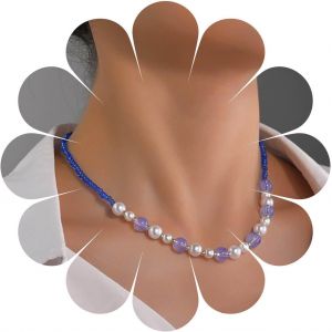 Kal-Collier Tour De Cou Boho Perle Vintage Bleu Heishi Surfeur Collier Tour De Cou Imitation Perle Chaîne Vinyle Perles De Rocaille Collier Plage D'été Collier Bohémien Bijoux Pour Femmes - Neuf