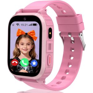 JGD-4G Montre Connect&eacute;e Enfant, Smartwatch T&eacute;l&eacute;phone pour Filles avec Appels/SOS/GPS/WiFi/Vid&eacute;o/Voix Chat, Mode Classe, Alarme, Calculatrice, Jeux, Calendrier, IP68 Montre Intelligente Enfant GPS Cad - Neuf