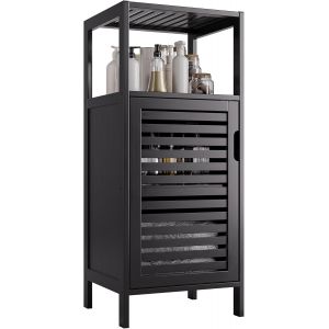 SUBZONAL-Armoire de Salle de Bain au Sol, Meuble de Rangement &eacute;troite en Bambou &agrave; 4 Niveaux, Armoire de Cuisine &agrave; Porte Unique Peu encombrante, Noir - Neuf