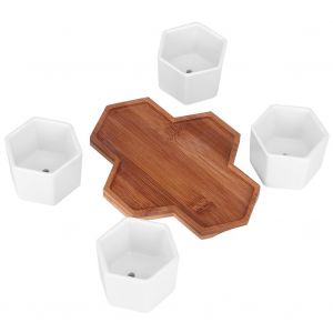 HJLIAN Lot de 4 pots de fleurs en ceramique avec plateau en bambou, pour plantes succulentes, decoration de jardin ou de bureau - Neuf