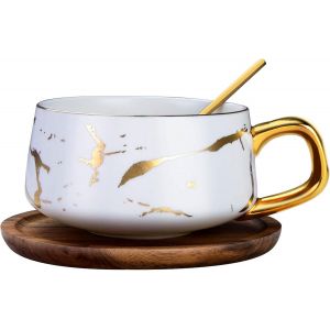 Eryi-Ensemble De Tasse À Thé En Porcelaine - Avec Sous-Tasse Et Cuillère - Pour La Maison, Les Restaurants - (1 Pièce), Blanc, 300 Ml - Neuf