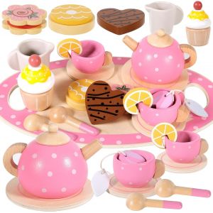ERYI-Services À Thé En Bois,Service À Thé Jouets Montessori,Dînette Enfant Accessoire Jeux De Cuisine,Jouet De Cuisine En Bois Faisant Semblant Pour Enfants Filles 3 4 5 6 7 Ans,Rose - Neuf