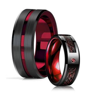 Mode 8mm Rainure Rouge Biseauté Bord En Acier Inoxydable Dragon Celtique Anneaux Pour Hommes Zircon Incrustation De Fibre De Carbone Bague Hommes Alliance - Neuf