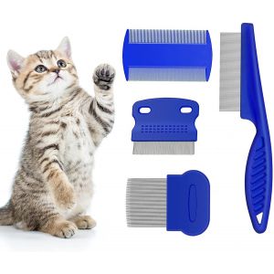Fchhk-Peigne À Poux Pour Chats Et Chiens, Ensemble De 4 Pièces, Bleu, Acier Inoxydable Et Plastique, Outil De Toilettage Pour Animaux De Compagnie, Chats Et Chiens - Neuf