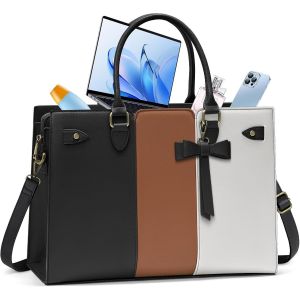 KALANKA-Sac Cabas Femme PU Cuir Sac a Main Femme de Cours Ordinateur pour Les Cours Lycee 15,6 Pouces Noir Combin&eacute; Avec Blanc et Brun - Neuf