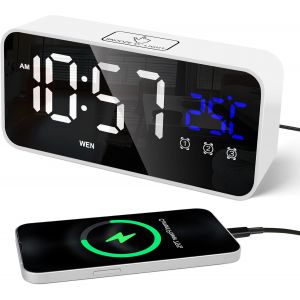 KAL-Réveil Numérique Led Avec Température Et Date, Grand Reveil Matin 25 Musique, 3 Alarmes, Luminosité Réglable, Snooze, 2 Port Usb, Jour De La Semaine, Horloge Numérique Chevet Chambre, Blanc - Neuf