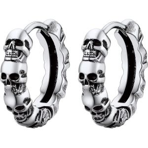 Boucles D'oreilles Créoles Pour Homme, Pendentif Tête De Mort, Acier Plaqué Or, Noir, Style Punk - Neuf