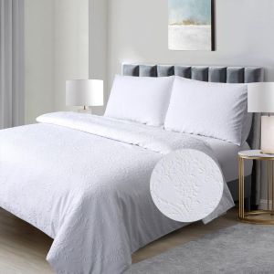 Letnerny-Parure De Lit Damassée 3 Pièces Avec Housse De Couette Texturée Jacquard Gaufrée, Style Vintage Classique, Blanc Vif, Très Grand Lit, 230 X 220 Cm - Neuf