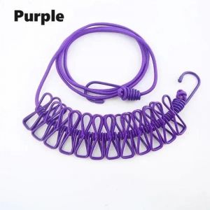 Corde &Agrave; Linge Portable Multifonction,Ul&agrave; Linge Coupe-Vent,Ulde Confrontation Ext&eacute;rieure,Ul&agrave; Linge De Camping Et De Voyage,12 Clips,1 Pc.Purple. - Neuf
