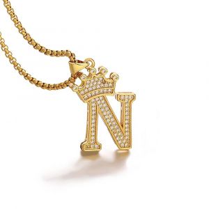 26 Lettres A-Z Zircon Couronne Initiale Alphabet Pendentif Collier Pour Femmes Hommes De Luxe Plaqu&eacute; Or Cuivre Colliers Bijoux Cadeaux--N - Neuf
