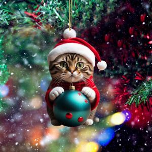 No&euml;l Pendentif Ornement, Acrylique Dr&ocirc;le de Chat Accroch&eacute; D&eacute;cor Double Face Chaton Mignon avec des Boules de No&euml;l, Arbre de No&euml;l D&eacute;coration - Neuf