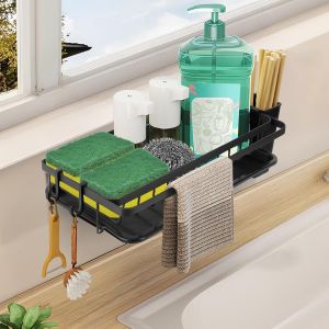 Eryi-Porte Eponge Evier Cuisine, Organiseur Evier Cuisine Avec Bac Vidange/Porte-Baguettes/Porte-Serviette/2 Crochet, Range Eponge Evier Cuisine Suspendre Sans Perçage, Porte Eponge Cuisine Mural A T - Neuf