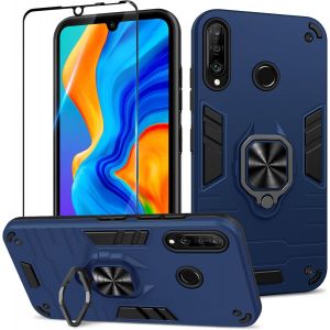 Kal-Coque Pour Huawei P30 Lite Avec Verre Trempé, Etui De Protection Antichoc De Qualité Militaire, Housse Avec Anneau Support Métallique, Support De Voiture Compatible, Bleu - Neuf
