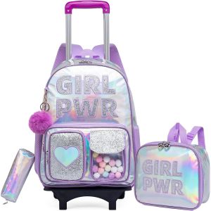 CHECARZHN--NO1-Cartable A Roulette Fille Sac A Dos Roulette Fille Sac À Lunch Et Étui À Crayons Inclus Cp,Ce1,Ce2 - Neuf