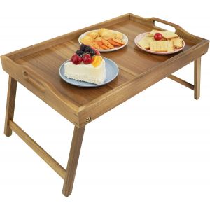 Mevronisshop-Plateau De Lit En Acacia - Grand Plateau De Petit-Déjeuner Avec Pieds Pliants Pour Manger, Servir Et Ordinateur Portable - Neuf