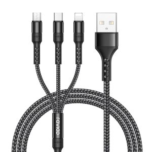 Thef-Câble Multi Usb, 3 En 1 Câble Universel [2m] Multi Usb Câble De Chargement En Nylon Avec Micro Usb Type C Lightning Câble Pour Iphone, Samsung Galaxy, Huawei, Honor- Noir - Neuf