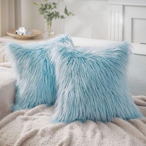 Lot De 2 Housses De Coussin En Fausse Fourrure, Douces Et Luxueuses, Décoratives, Pour Lit/Canapé, Bleu Clair, 45,7 X 45,7 Cm - Neuf