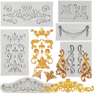 Lot De 6 Moules En Silicone De Style Baroque Avec Fioritures Moules &Agrave; Fondant En Dentelle Moule &Agrave; Fleurs En Relief Vintage Pour D&eacute;coration De G&acirc;teaux Bonbons P&acirc;te &Agrave; Gomme Argile Polym&egrave;re - Neuf