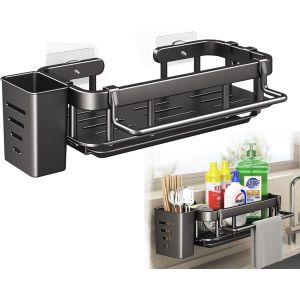 Cmwx-Organiseur D'évier De Cuisine, Rangement Sous Évier, Rangement Mural De Cuisine Sans Perforation Avec Égouttoir Amovible, Support De Rangement Pour Couverts, Porte-Serviettes Et Crochets - Neuf