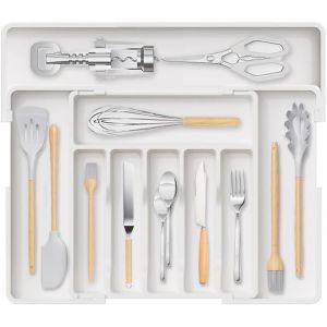 Sjzg-Range Couverts Pour Tiroir, Range Couverts, Plateau D'ustensiles Extensible Pour Tiroir, Rangement En Compact Plastique Pour Couverts Pour Cuisine, Pour Couverts, Cuill&egrave;res (Blanc) - Neuf