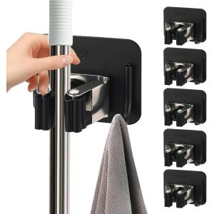 MEVRONISSHOP-6 Pi&egrave;ces Porte Balai, Accroche Balai Mural, Support D'outils de M&eacute;nage, Mop Support Avec Crochets Sans Percage pour Cuisine Salle Garage Jardin (Noir) - Neuf